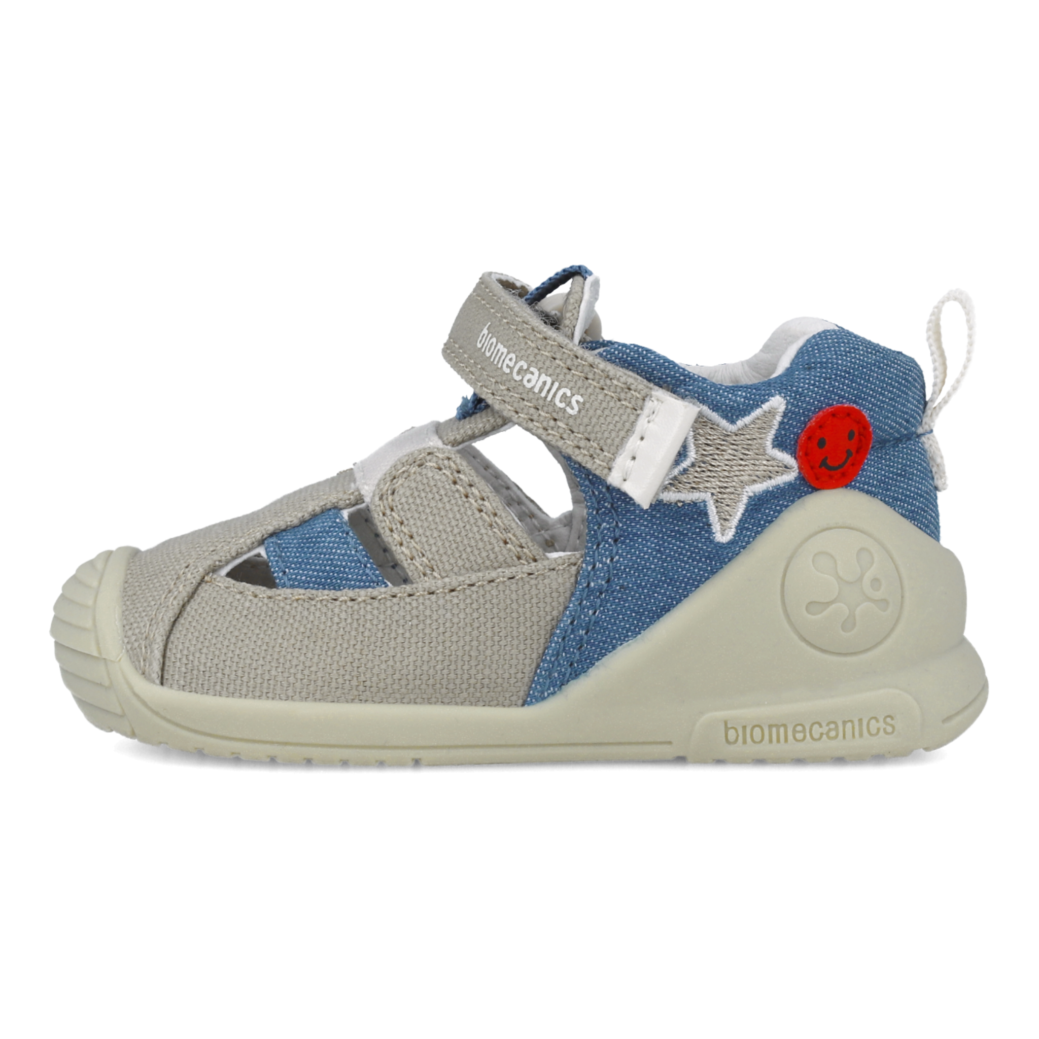 First steps sandals in fabric, Beige blue denim