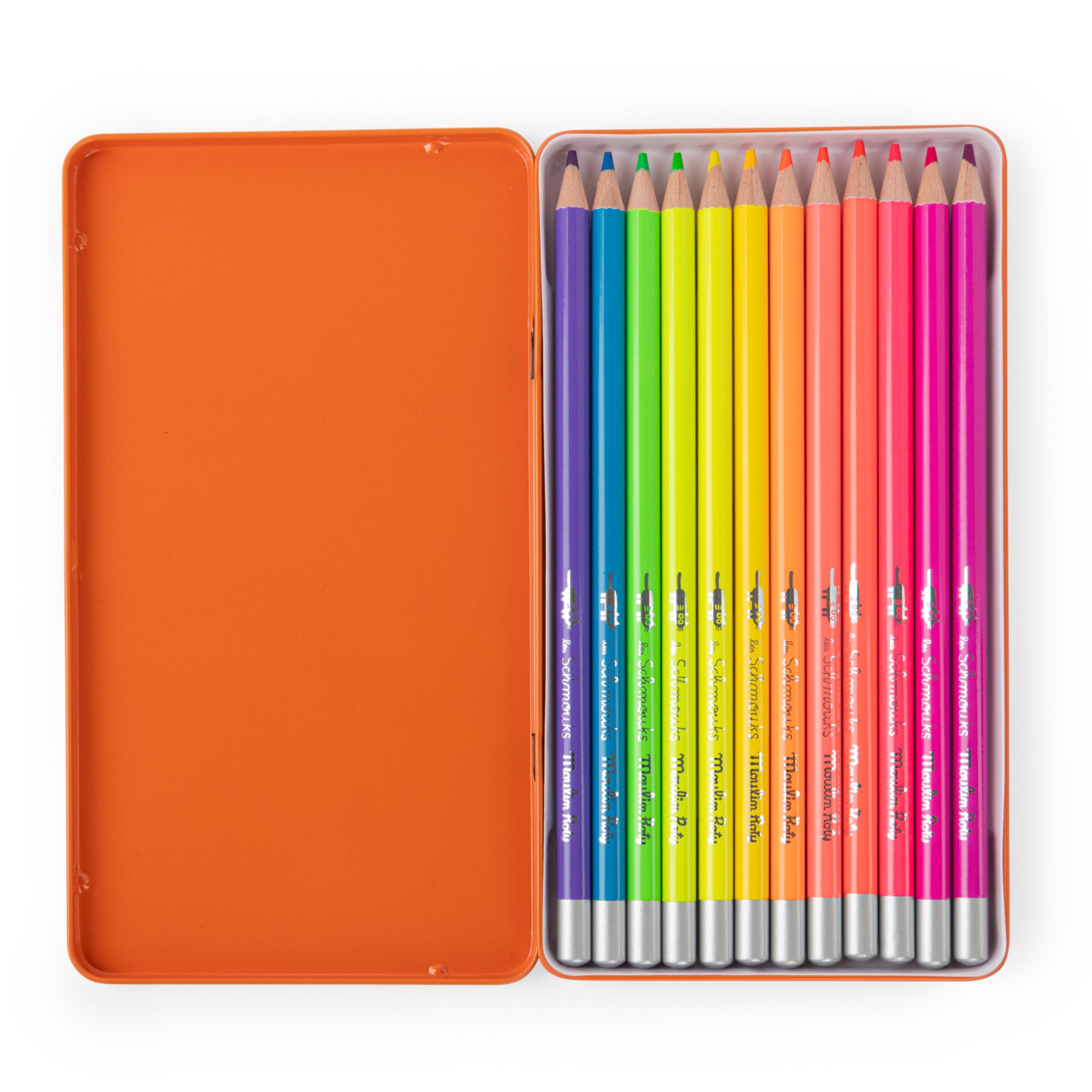 Metal box with 12 neon pencils