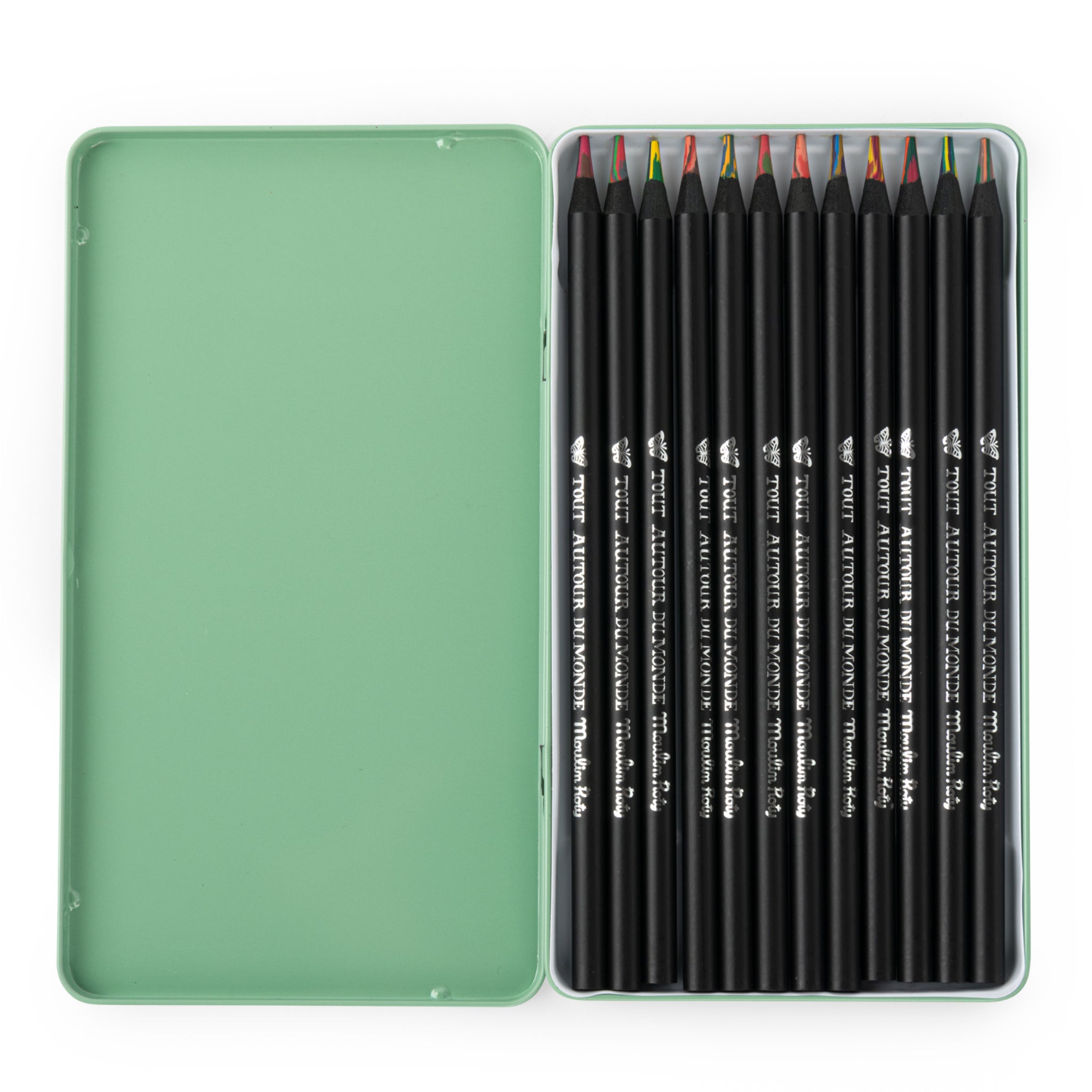 Metal box with 12 multi-colored pencils