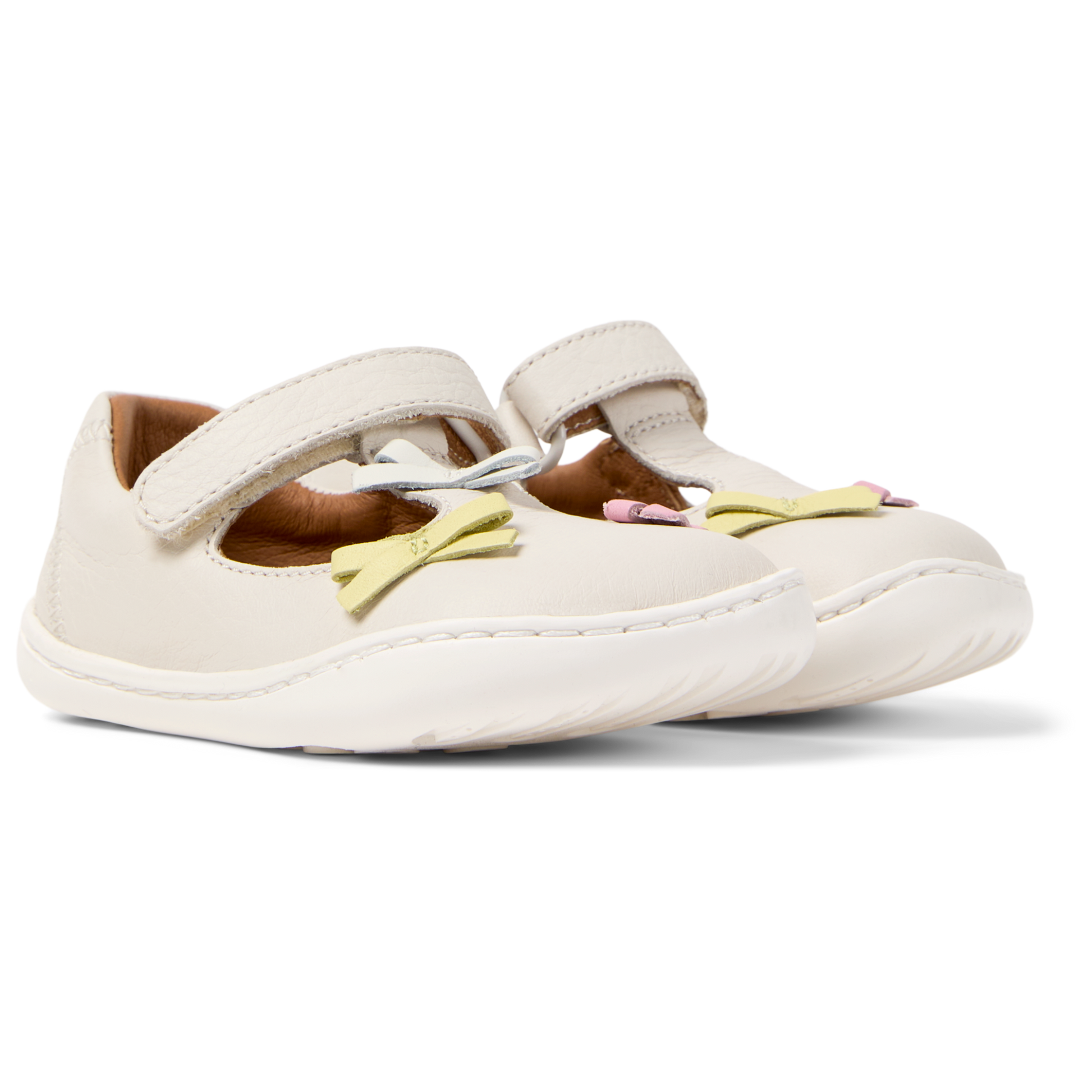 White Leather T-Strap Closed Toe Sandals with Bows