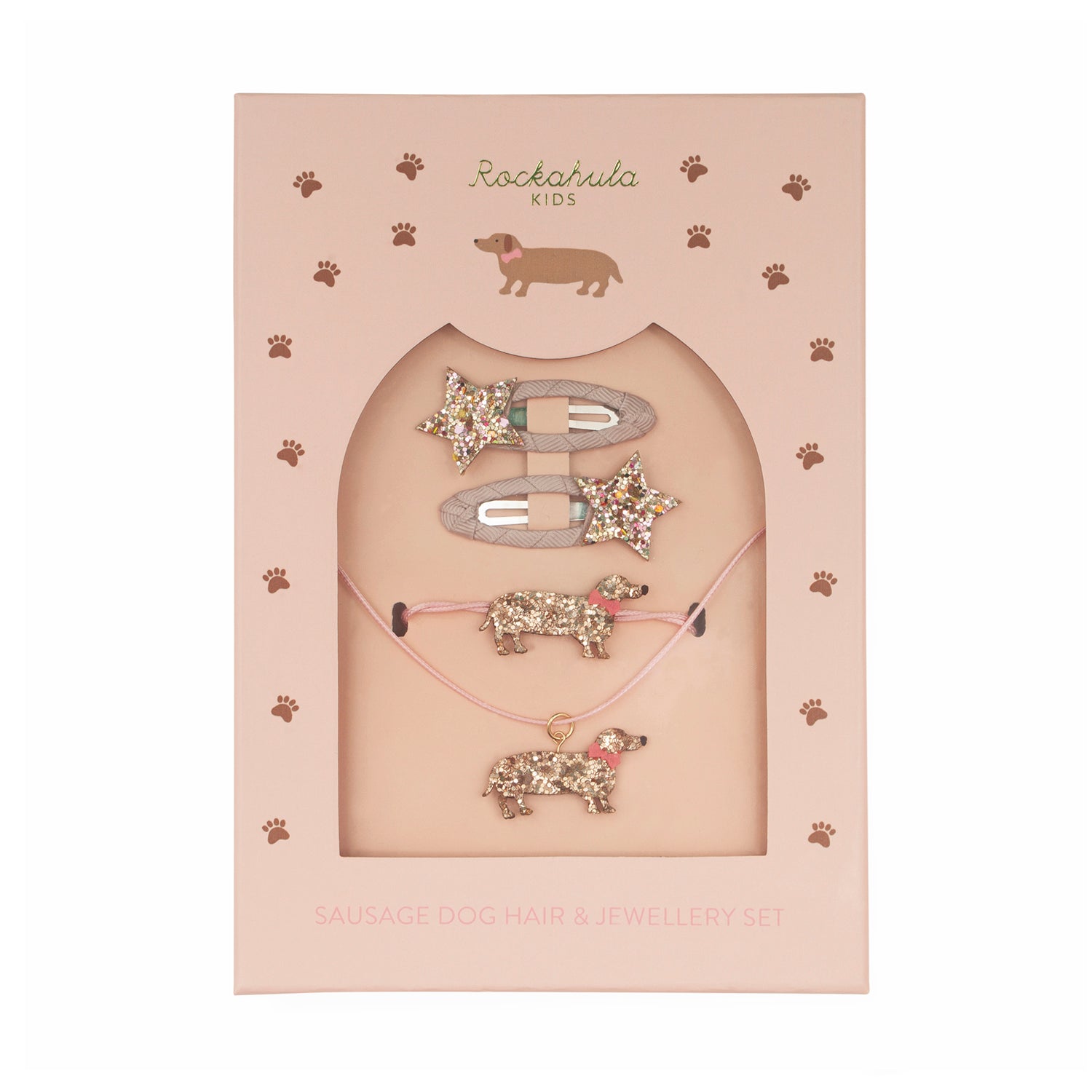 Gift set necklace, bracelet and clips, Dachshund