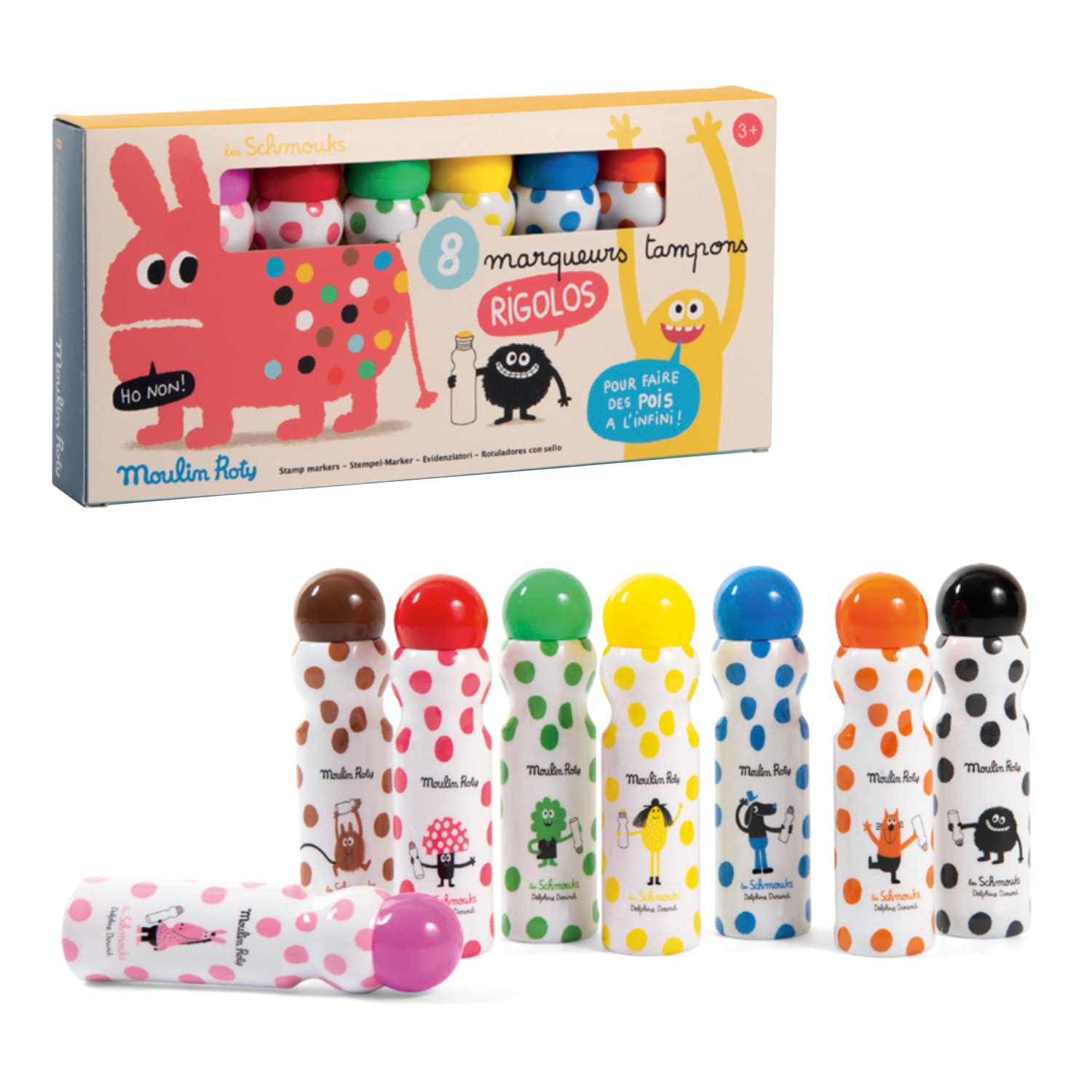 Moulin Roty | 8 Evidenziatori con Timbro Rotondo, Les Schmouks