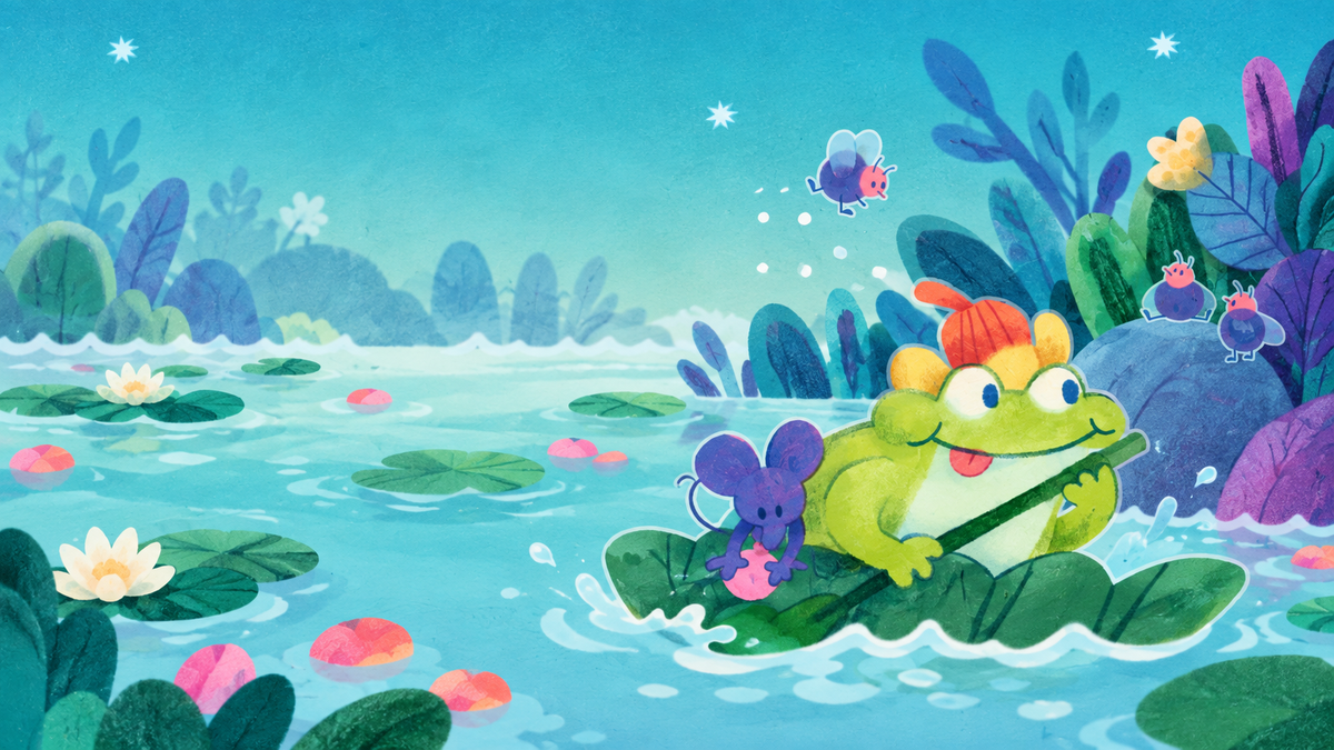 Illustrazione Moulin Roty: una ranocchia e un topolino tra le ninfee