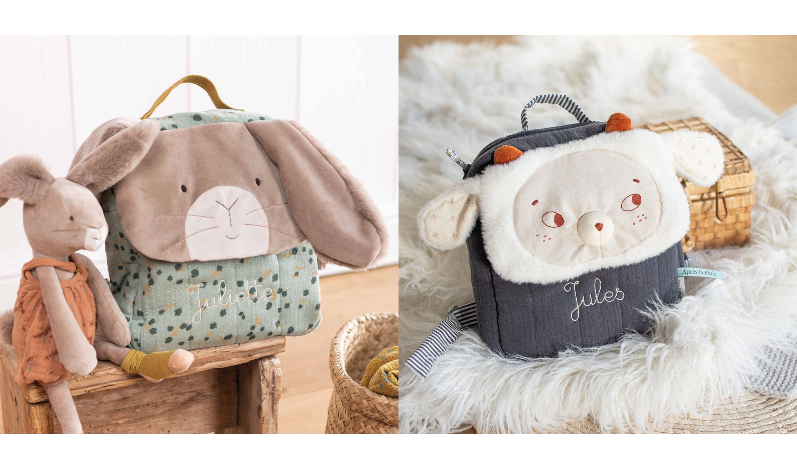 Zainetti personalizzabili con ricamo nome bambini di Moulin Roty e Oiseau Bateau