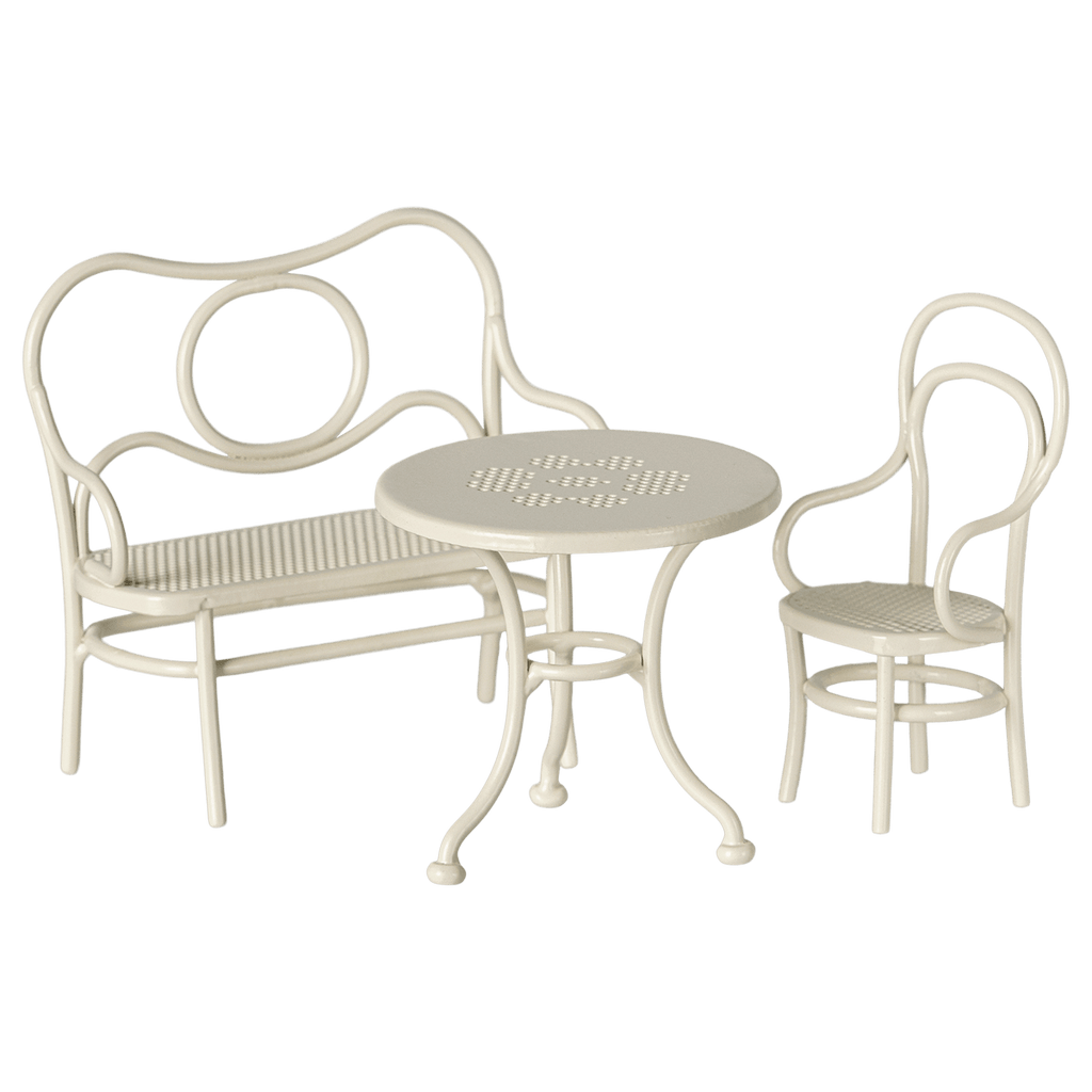 Coffee table, bench and chair set, White, Topo