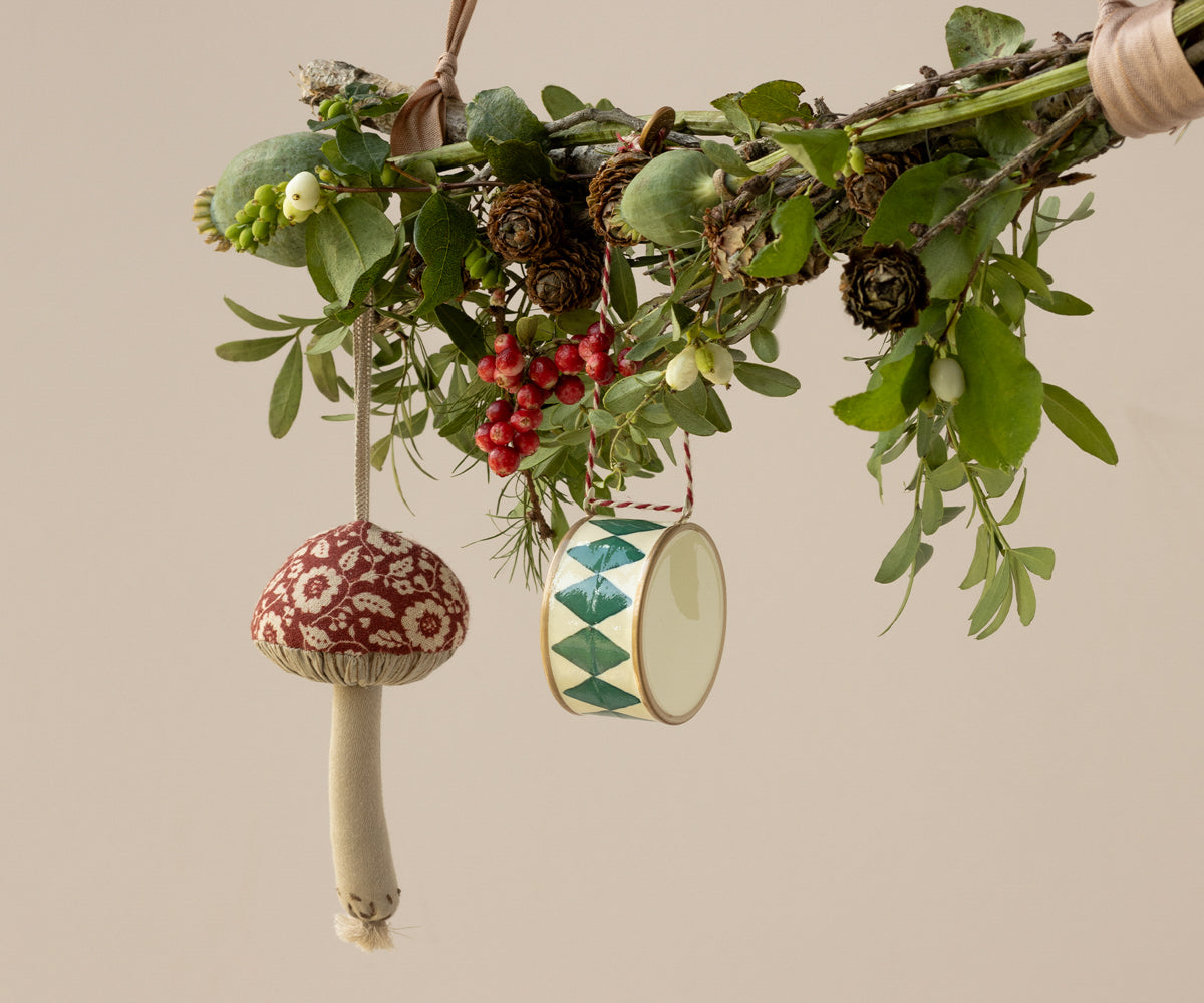 Fabric Christmas Ornament, Mushroom - Winter flower Red