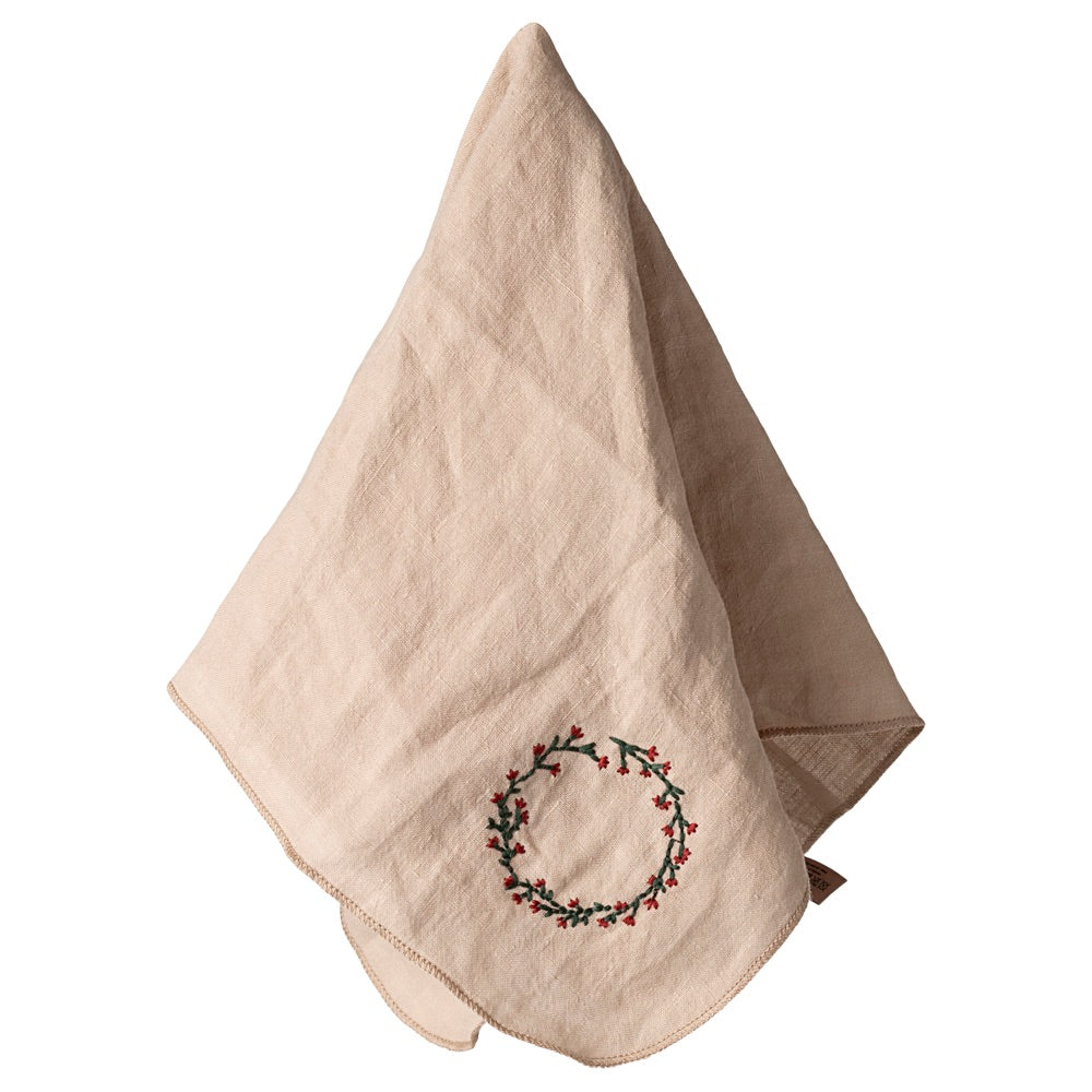 Embroidered Linen Napkin - Christmas, Wreath