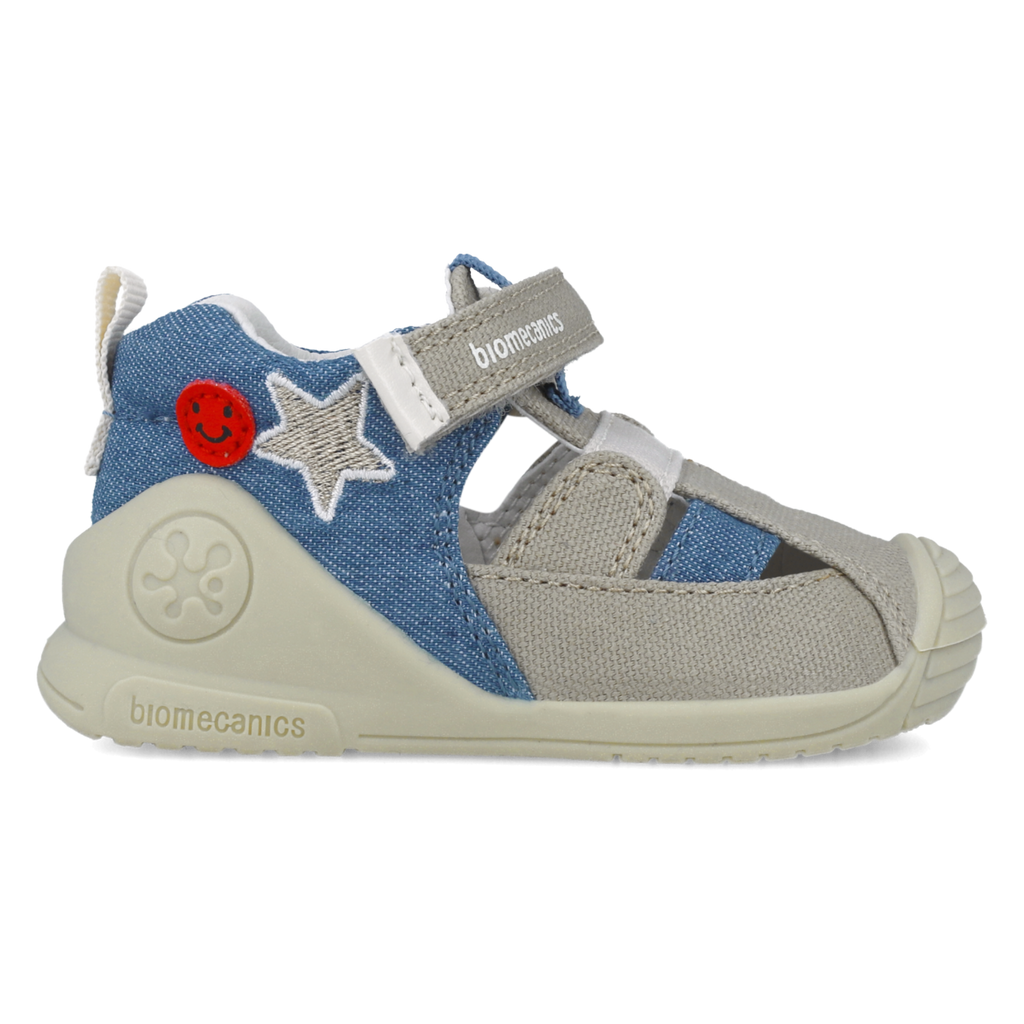First steps sandals in fabric, Beige blue denim 