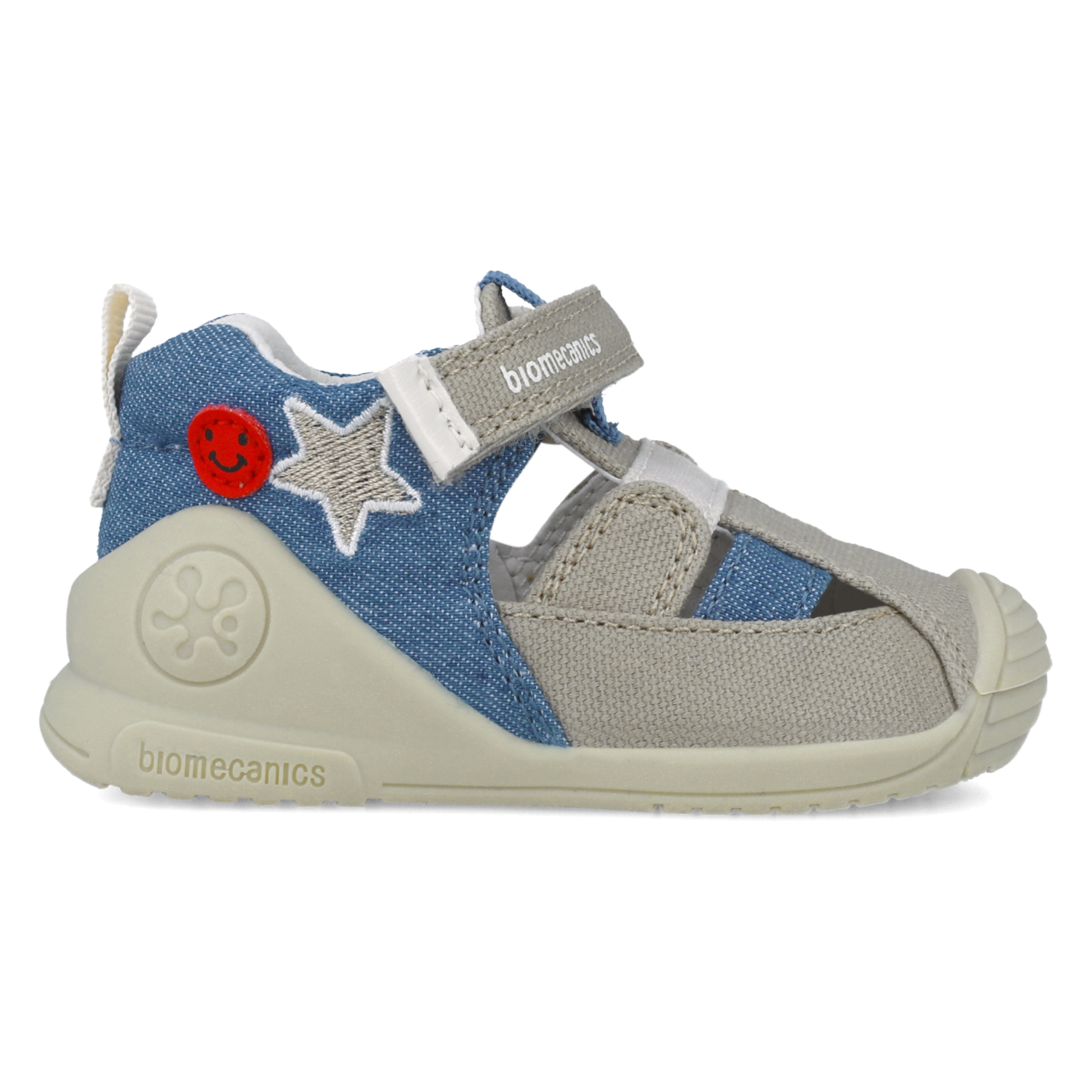 Sandali primi passi in tessuto, Beige blu denim