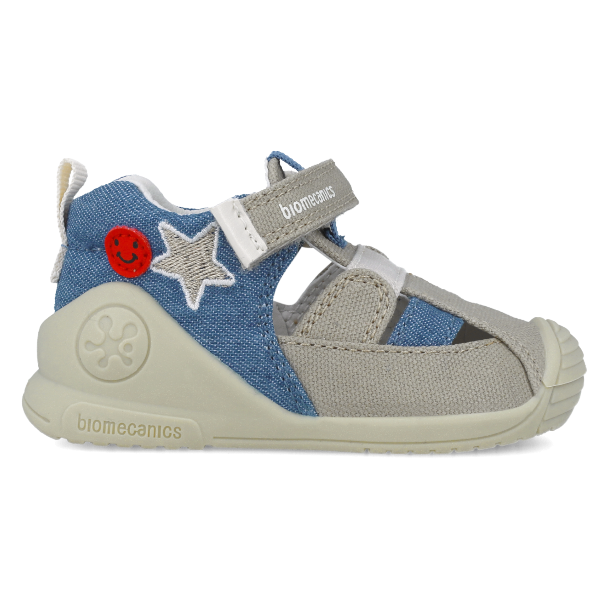 Sandali primi passi in tessuto, Beige blu denim