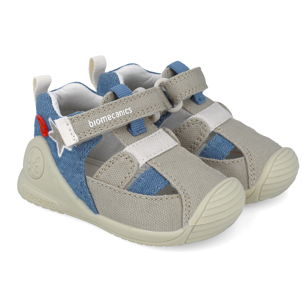 First steps sandals in fabric, Beige blue denim 