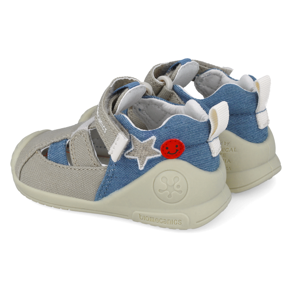 First steps sandals in fabric, Beige blue denim 