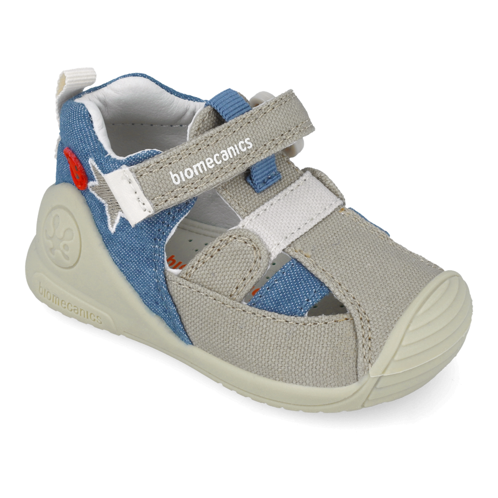 First steps sandals in fabric, Beige blue denim 