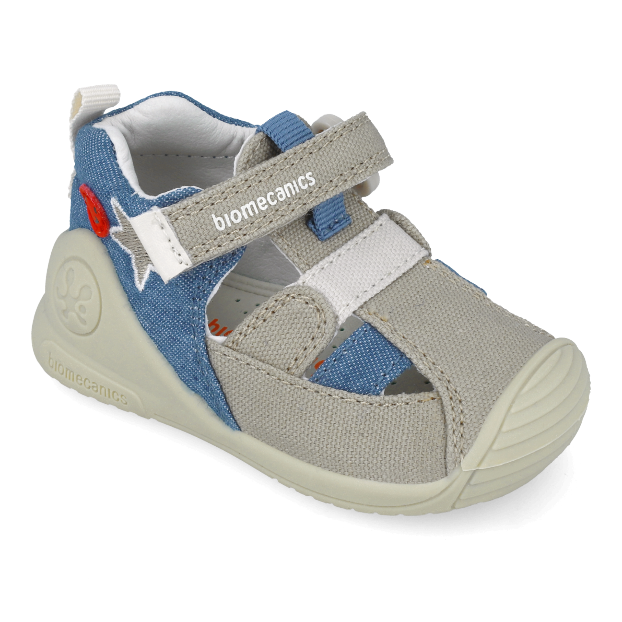 Sandali primi passi in tessuto, Beige blu denim