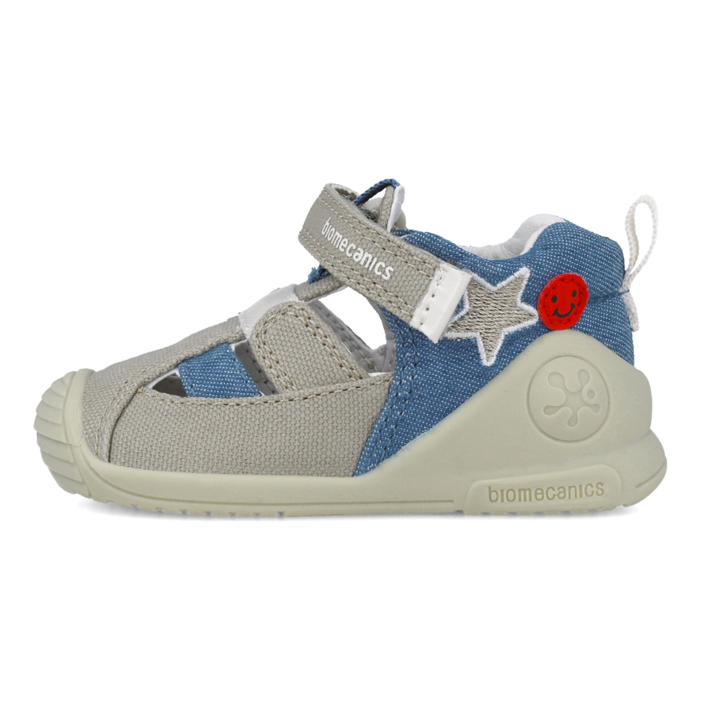 First steps sandals in fabric, Beige blue denim 
