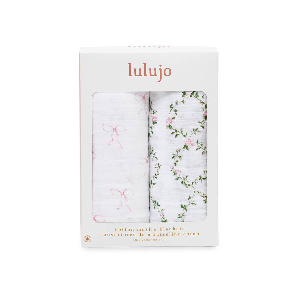Copertina mussola cotone, Set da 2 - 100x100cm, Fiocchi e Traliccio di Rose