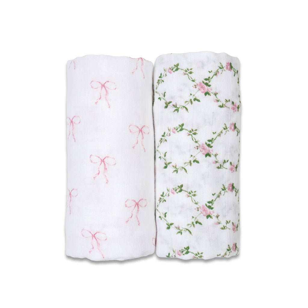 Copertina mussola cotone, Set da 2 - 100x100cm, Fiocchi e Traliccio di Rose