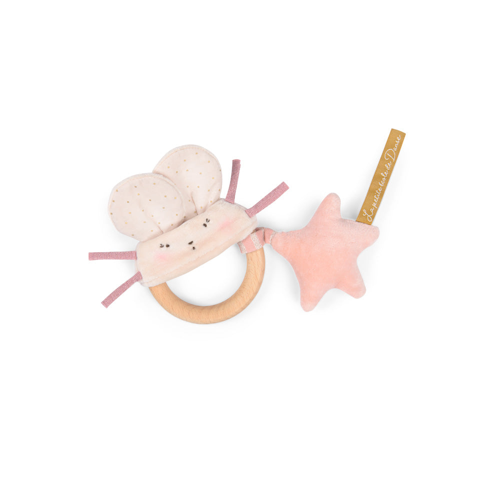 Sonaglio attività con anello in legno Topo rosa | Moulin Roty