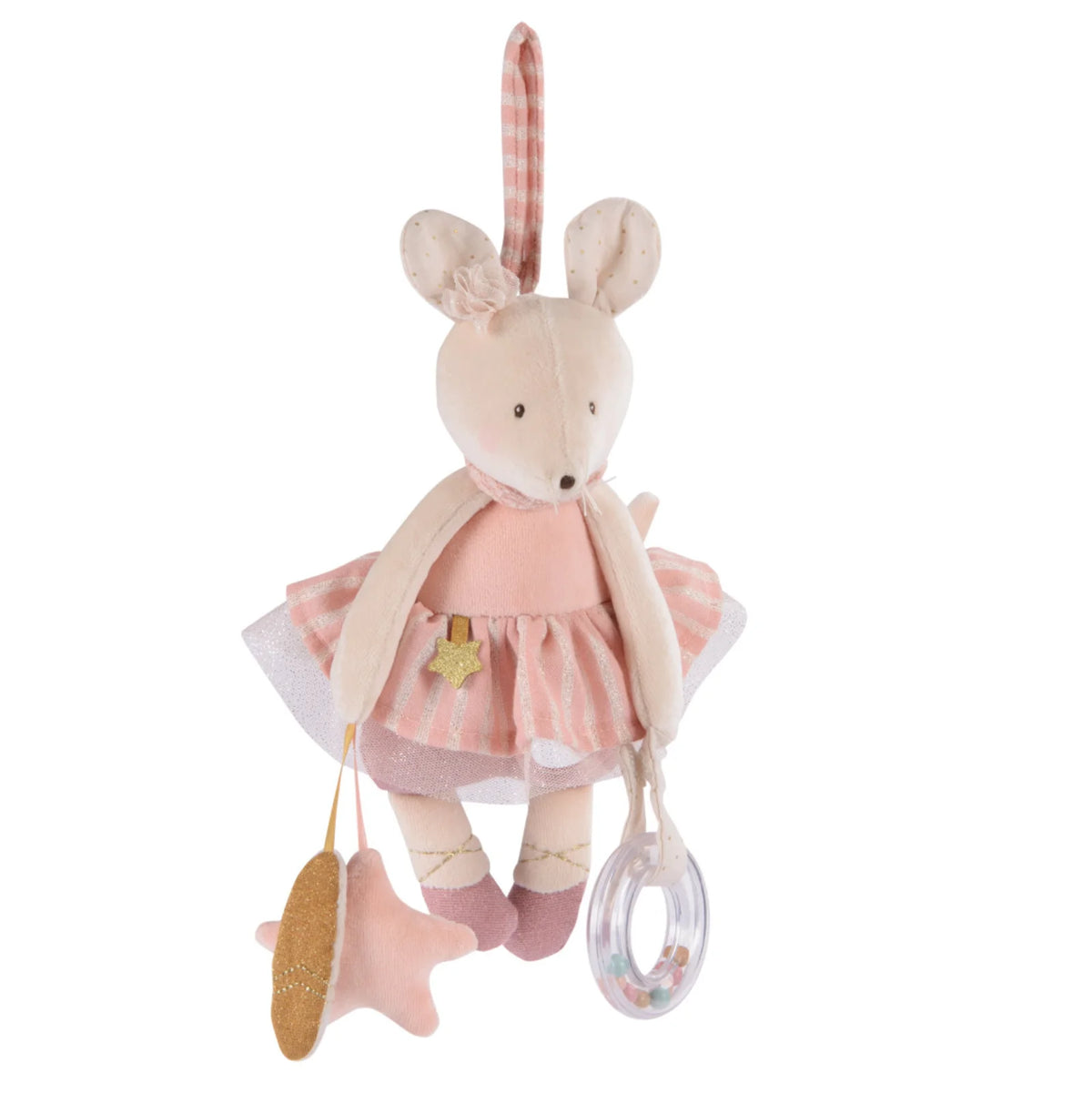 Souris rose à suspendre hochet et activités