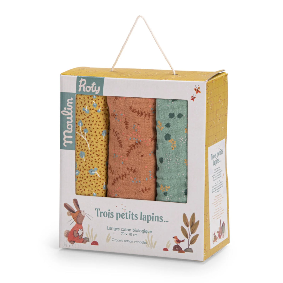 Set 3 copertine mussola cotone bio, Trois petits lapins