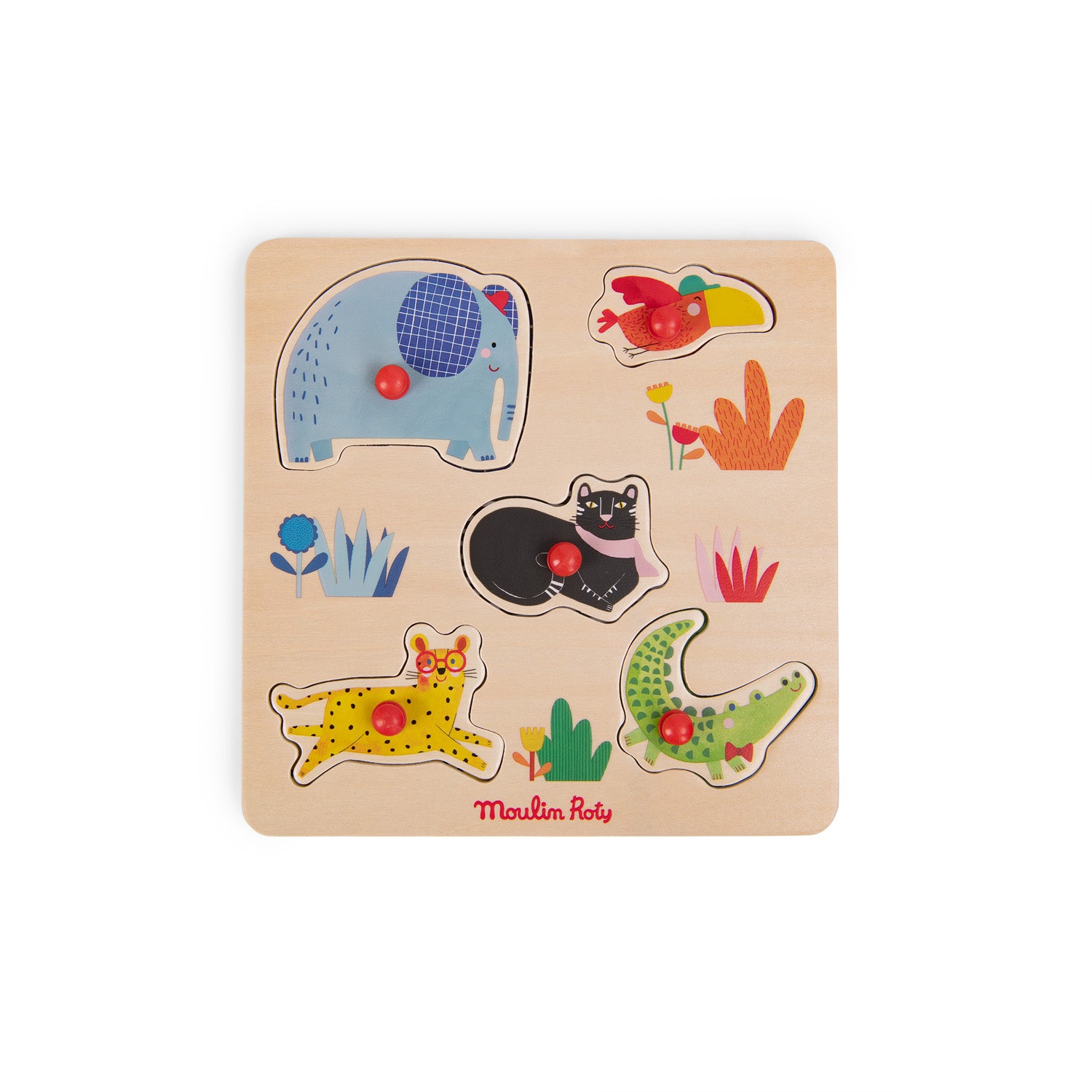 Moulin Roty | Puzzle ad incastro in legno 5 animali, Les Toupitis