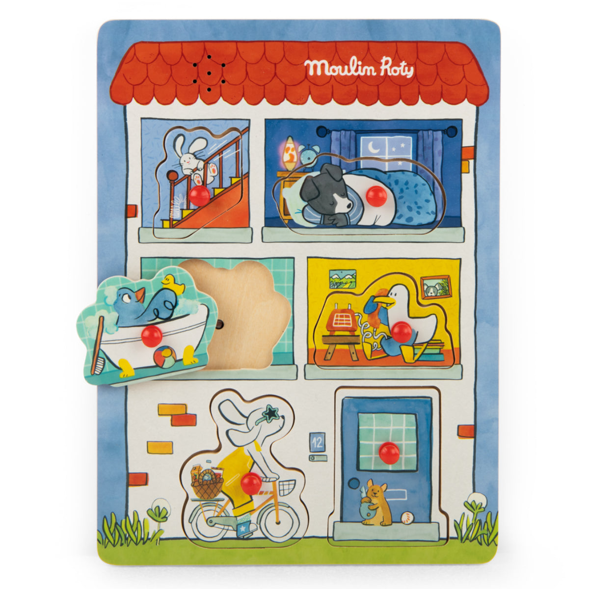 Wooden sound puzzle at home, Puce and Pilou