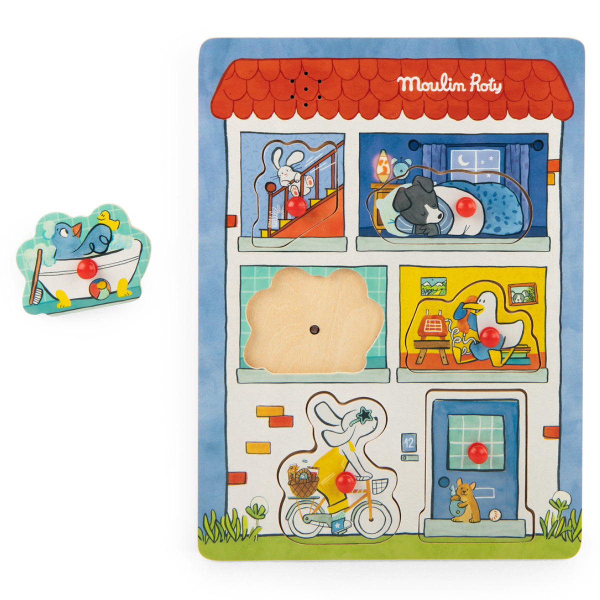 Wooden sound puzzle at home, Puce and Pilou