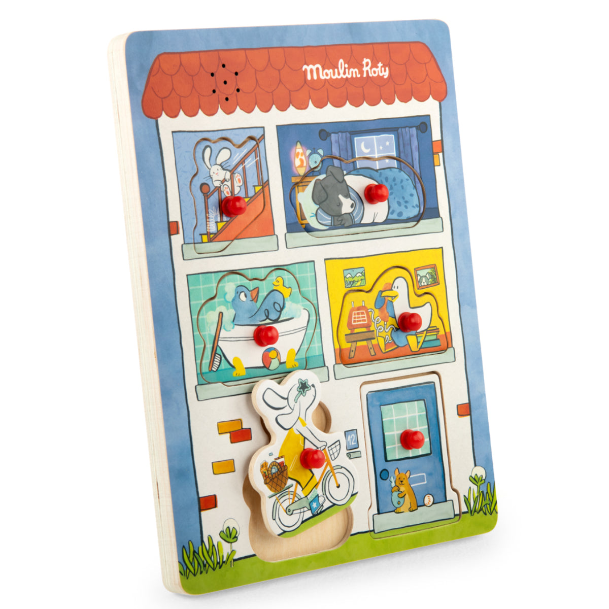 Wooden sound puzzle at home, Puce and Pilou