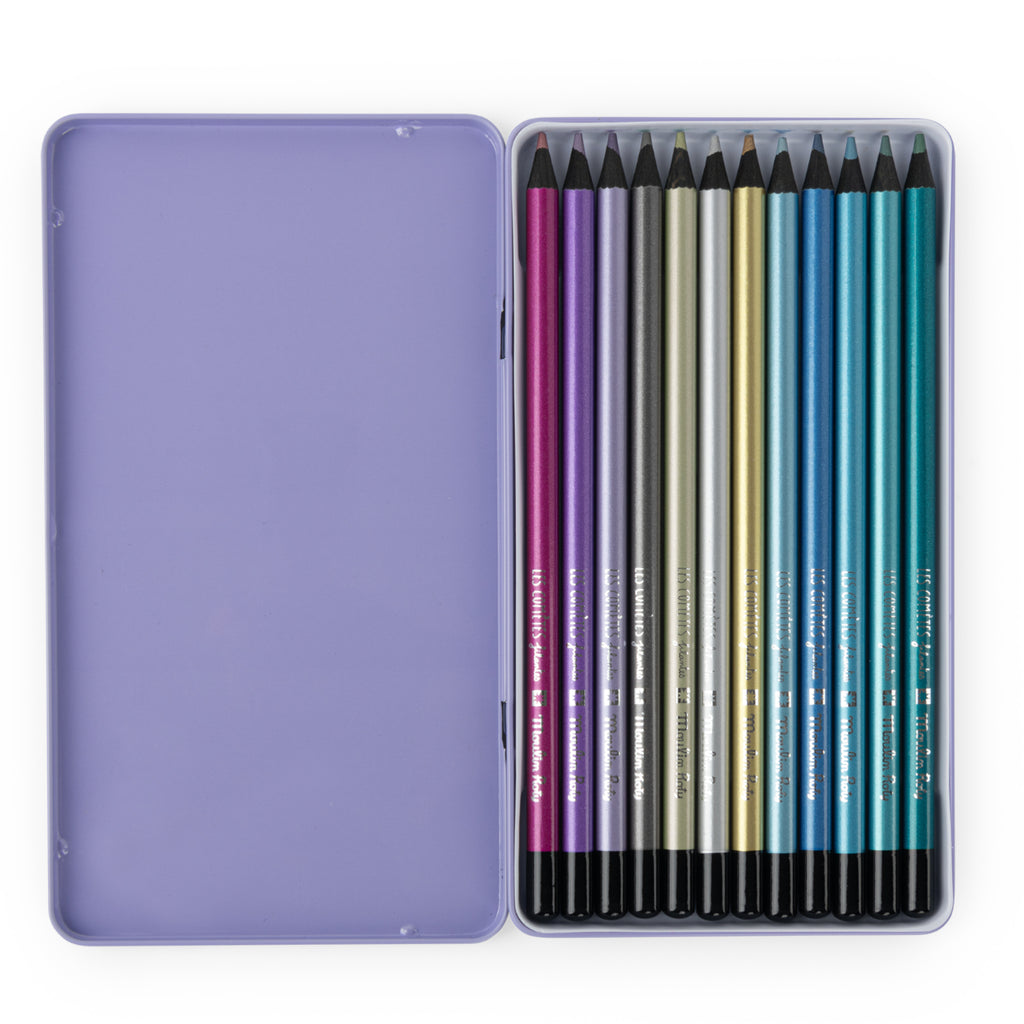 Metal box with 12 metallic pencils