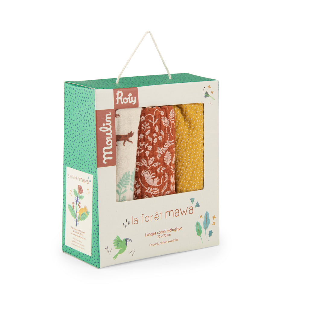 Lot de 3 langes en mousseline de coton bio, La forêt Mawa