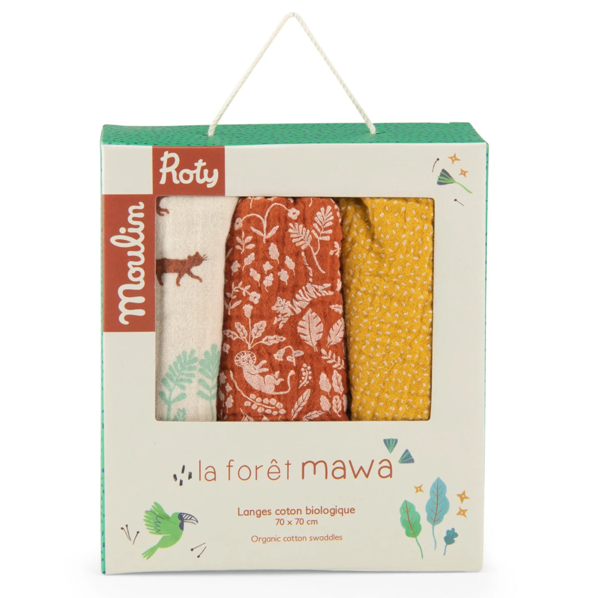 Lot de 3 langes en mousseline de coton bio, La forêt Mawa