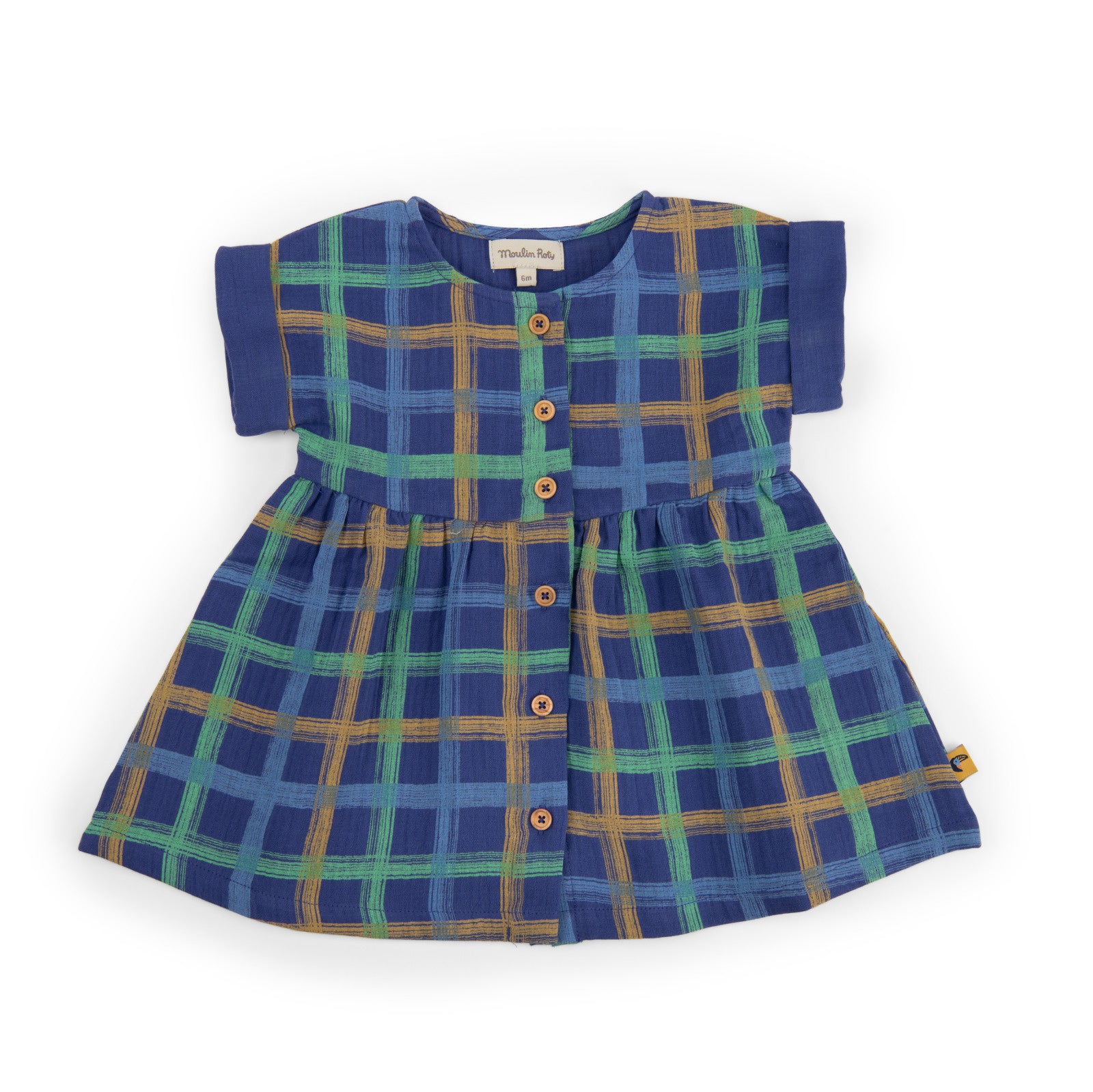 Short-sleeved checked cotton muslin dress, Nora