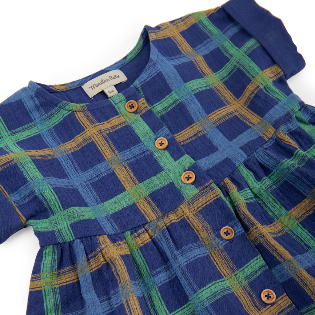 Short-sleeved checked cotton muslin dress, Nora