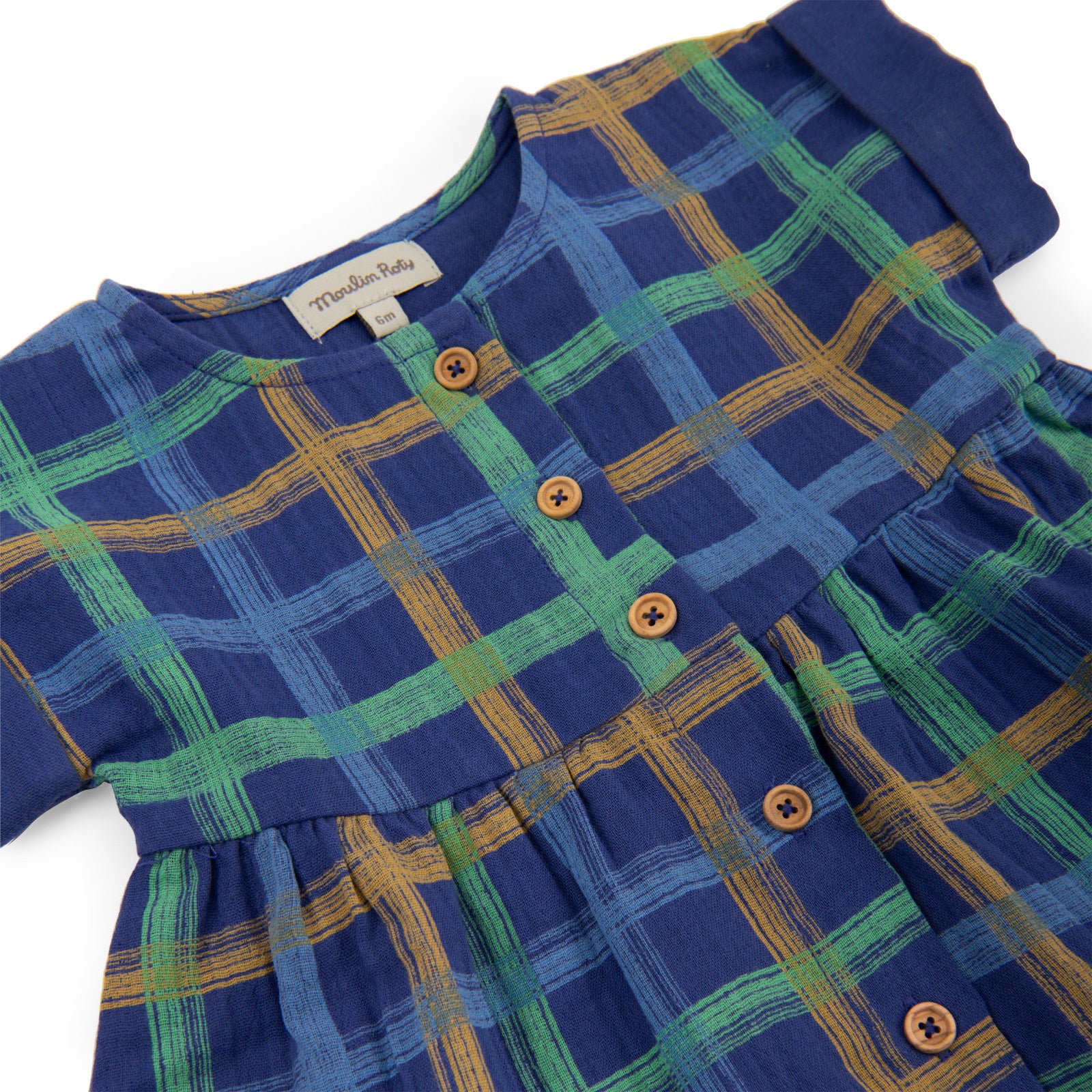 Short-sleeved checked cotton muslin dress, Nora