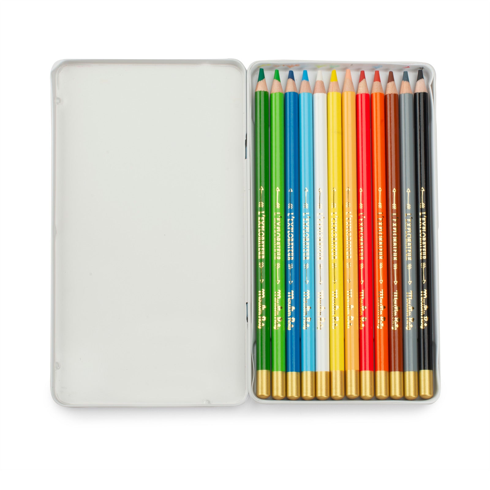 Metal box with 12 explorer colored pencils