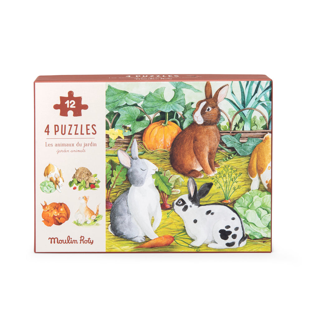 4 Mini puzzles, Garden animals (4x12 pieces)