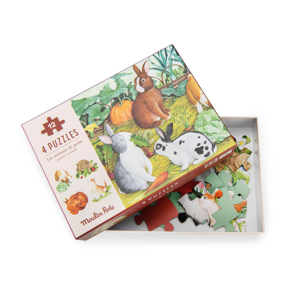 4 Mini puzzles, Garden animals (4x12 pieces)