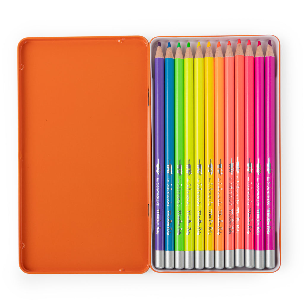 Metal box with 12 neon pencils