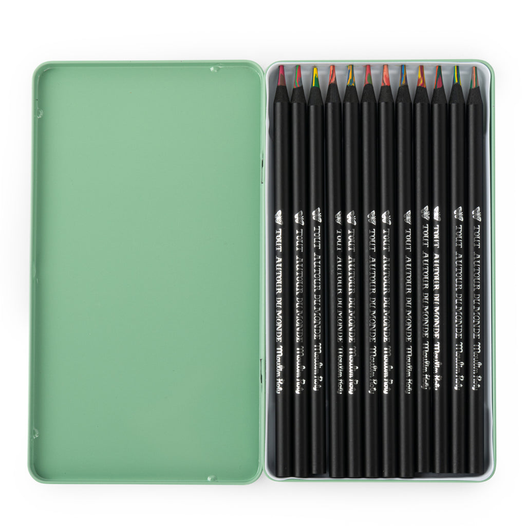Metal box with 12 multi-colored pencils