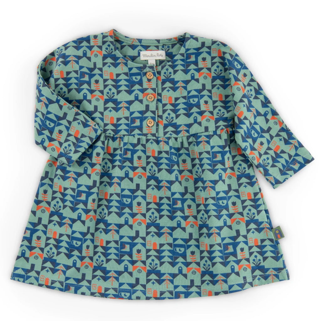 Abito in cotone caldo con stampa casette blu, Opale