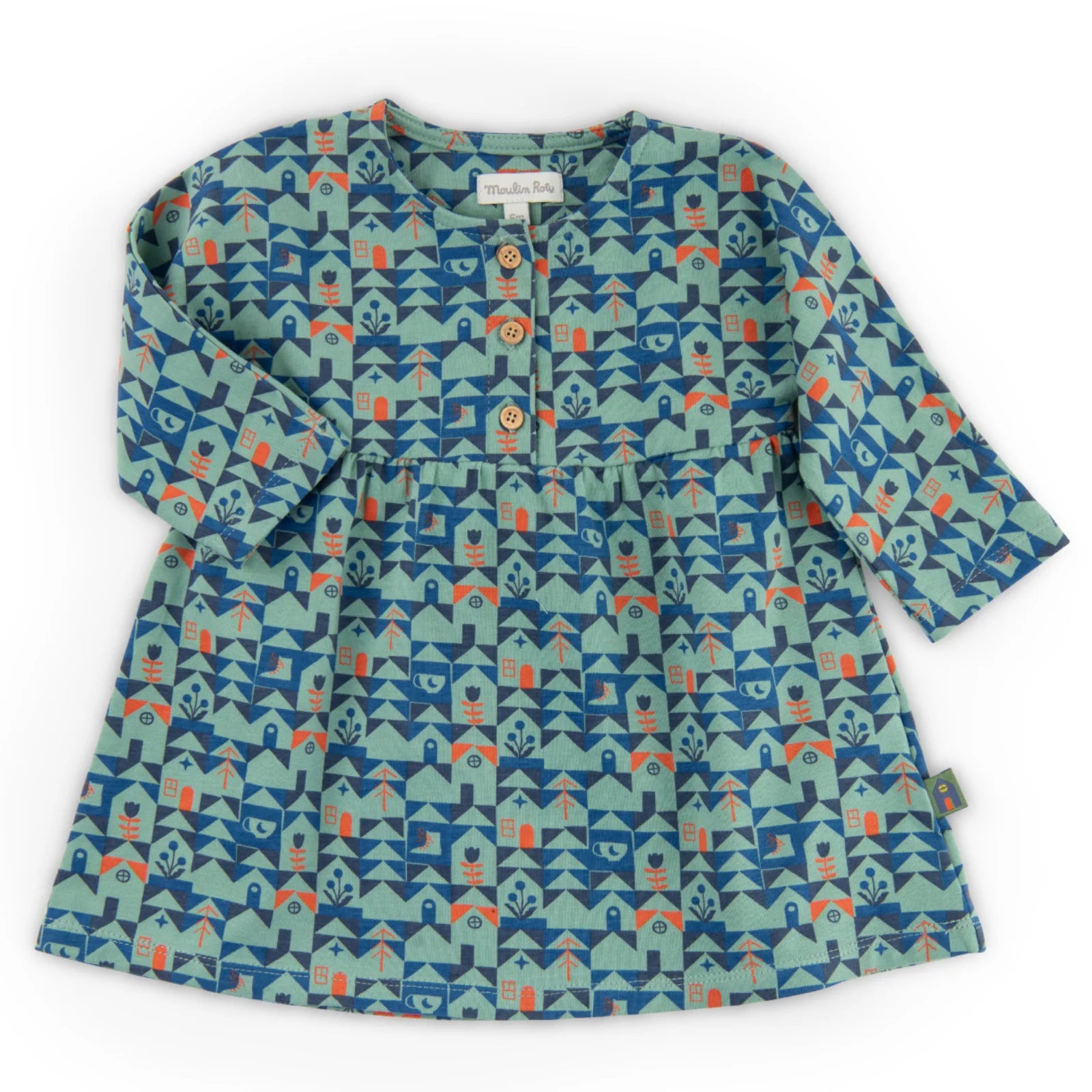 Abito in cotone caldo con stampa casette blu, Opale