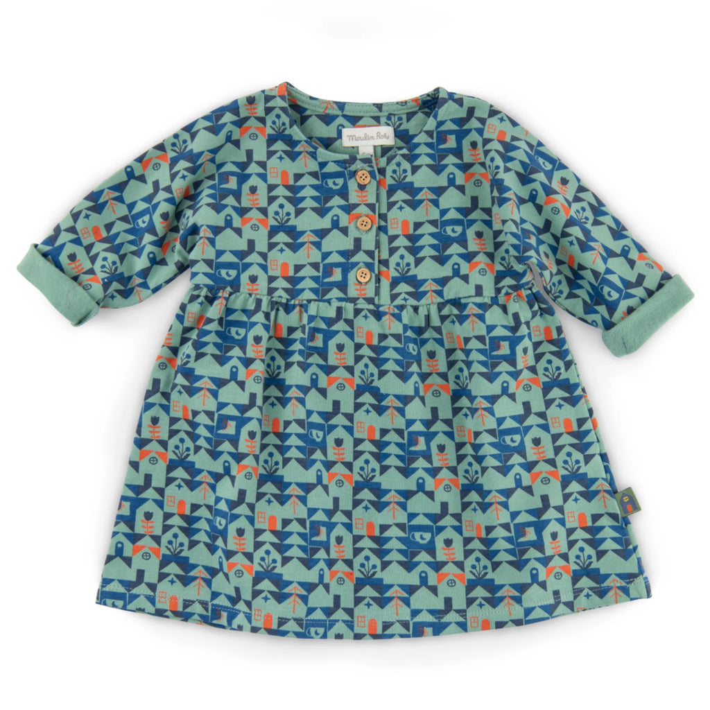 Abito in cotone caldo con stampa casette blu, Opale