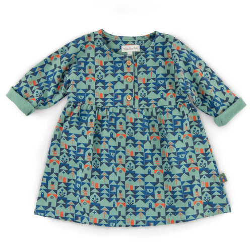 Abito in cotone caldo con stampa casette blu, Opale