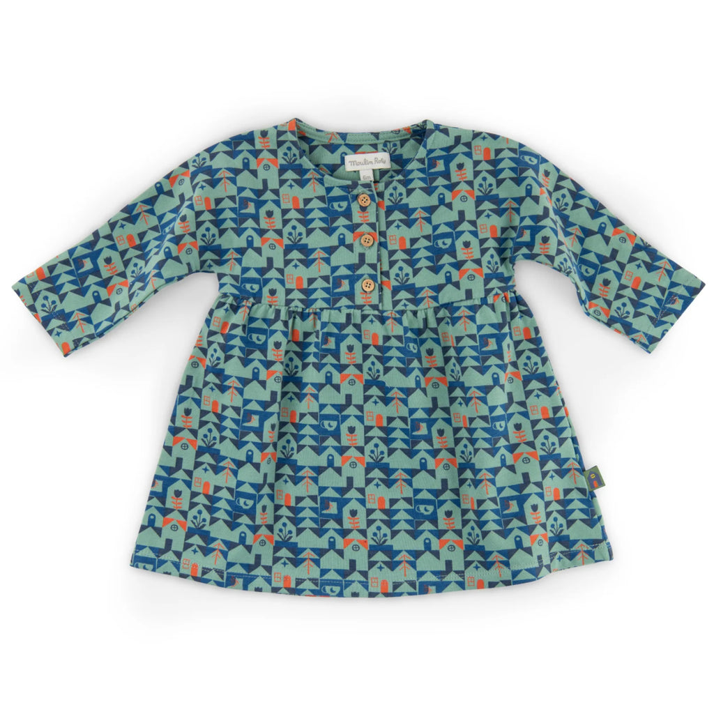 Abito in cotone caldo con stampa casette blu, Opale