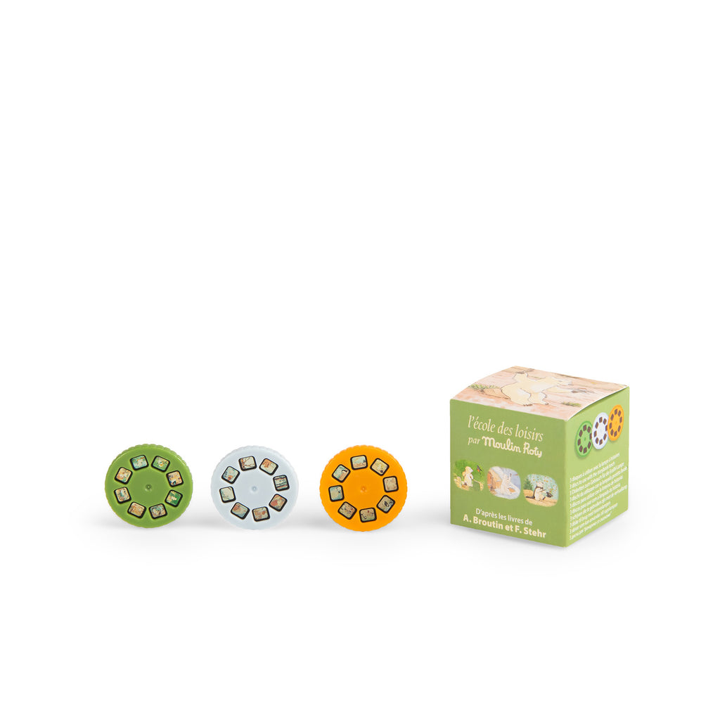 Moulin Roty | Scatola 3 dischi per lampada storie della buonanotte Calinours orso bianco