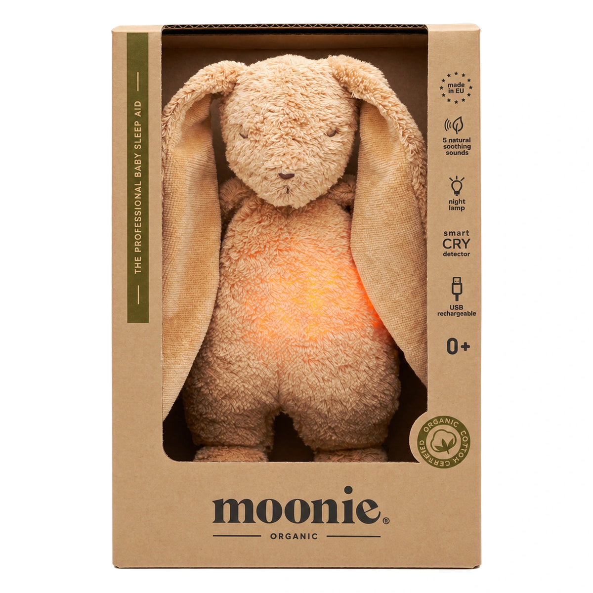 Moonie Coniglio in cotone bio con suoni e luce, Cappuccino | Moonie