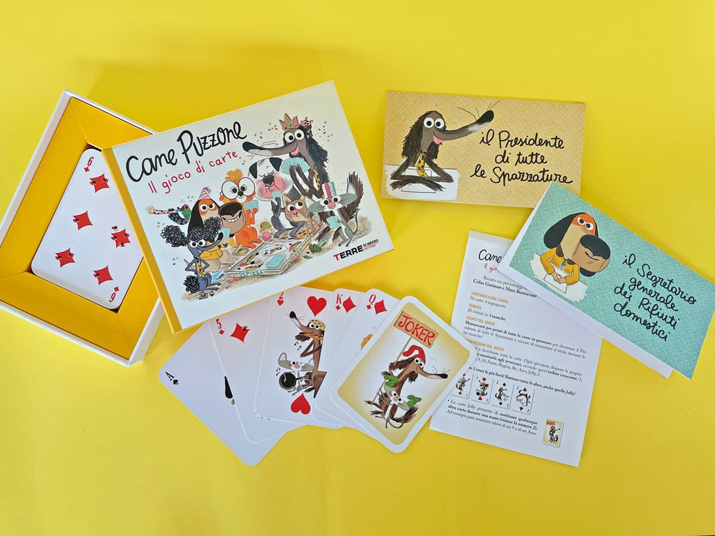 Cane Puzzone, gioco di carte – scatola aperta, carte, segnaposto e regolamento