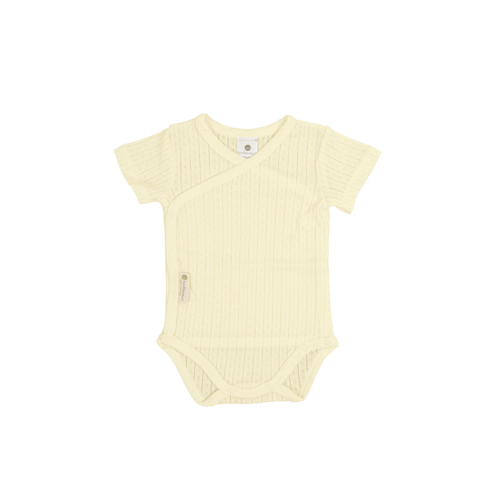 Crossover bodysuit short sleeve organic cotton pointelle, Ecru