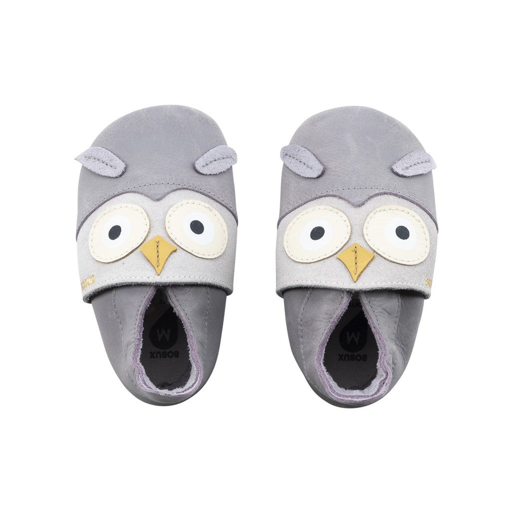 Babbucce in pelle morbida, Hootie grey | Bobux soft sole