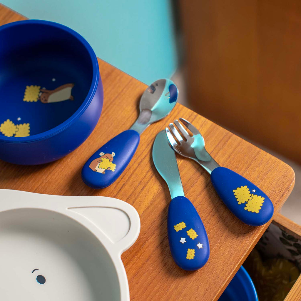 Cutlery set in silicone and stainless steel, Puce and Pilou